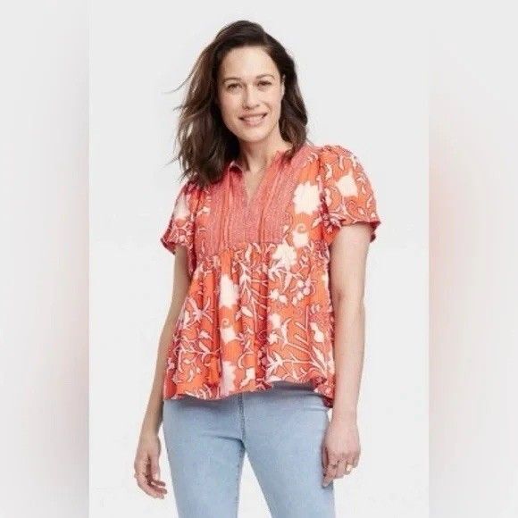 Women's Flutter Short Sleeve Top Shirt Knox Rose Orange Floral XXL Boho Colorful - Picture 2 of 10